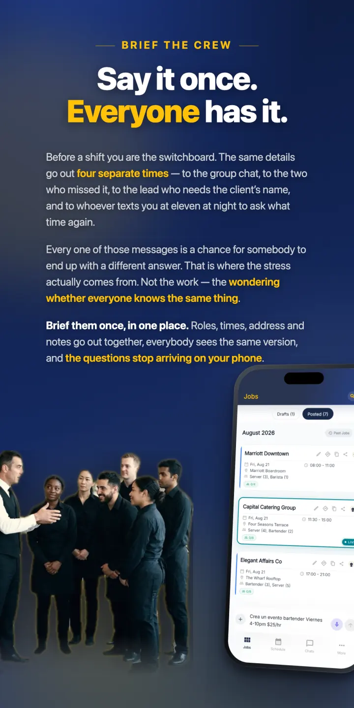 Say it once, everyone has it — brief the whole crew in one place