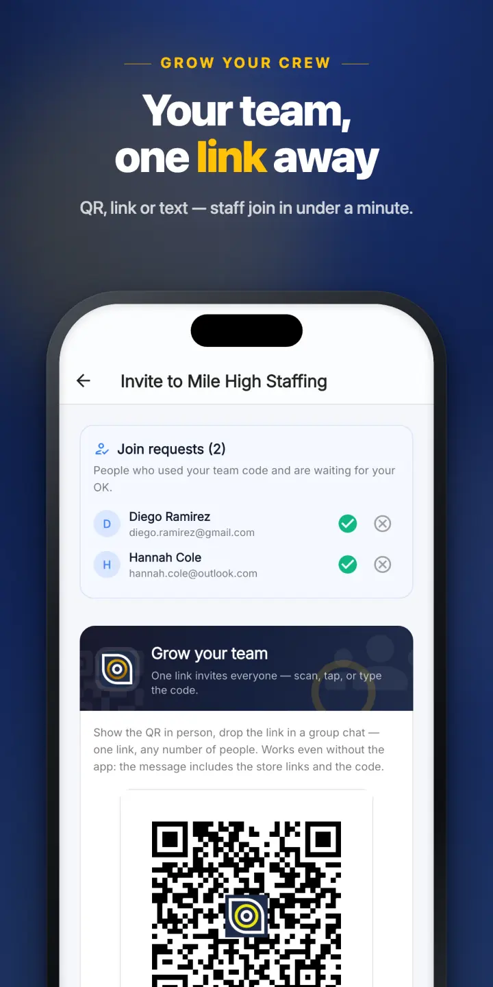 Your team, one link away — QR, link or text, staff join in under a minute