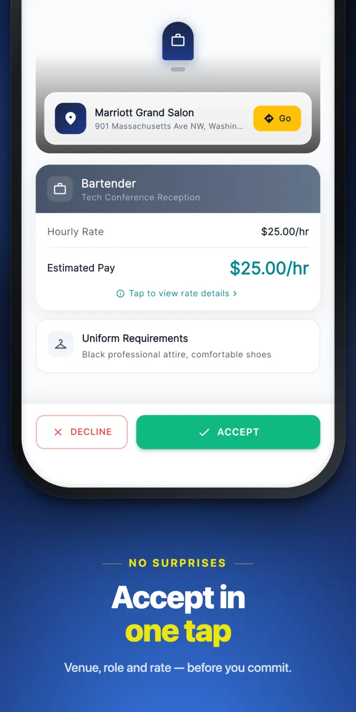 Accept in one tap — venue, role and rate before you commit