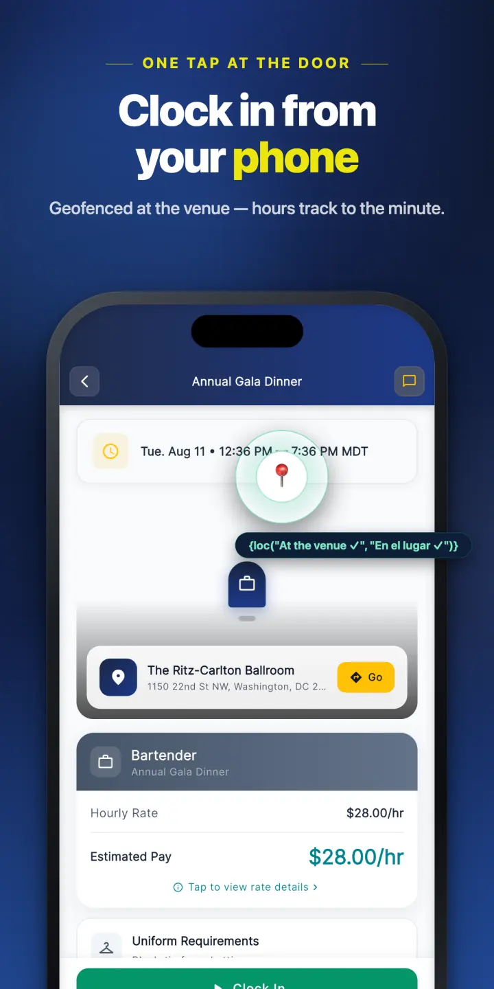 Clock in from your phone — geofenced at the venue, hours tracked to the minute