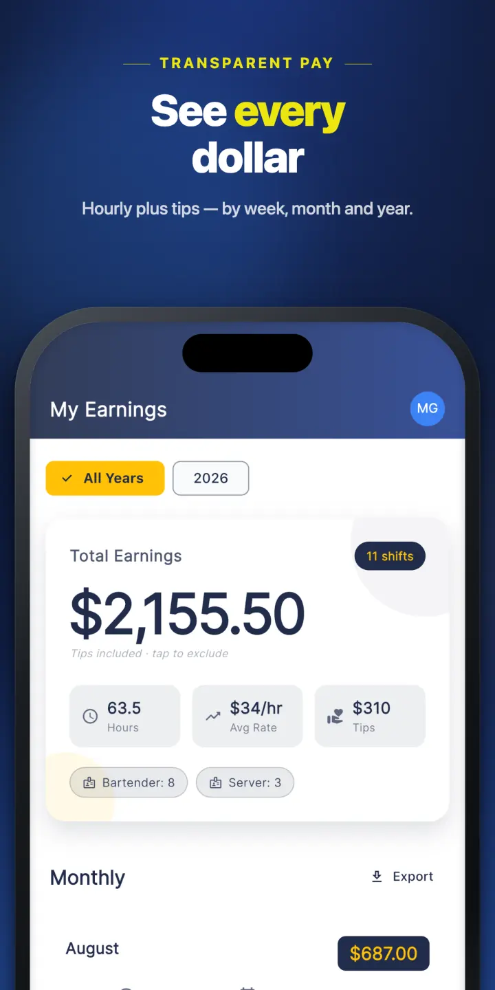 See every dollar — hourly plus tips, by week, month and year
