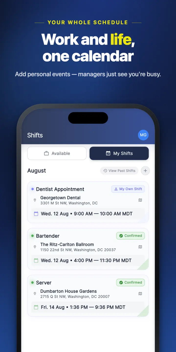 Work and life in one calendar — add personal events, managers just see you're busy