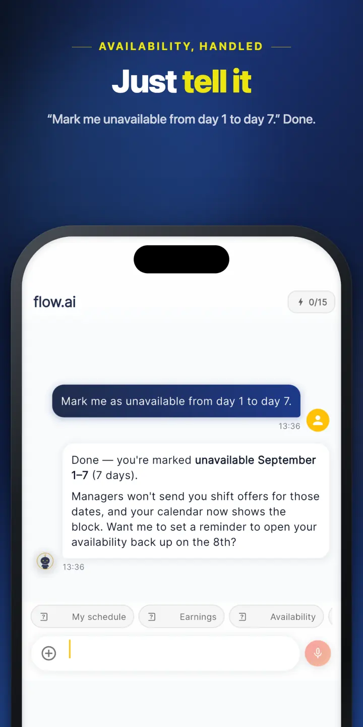 Just tell flow.ai when you're unavailable and it handles the rest