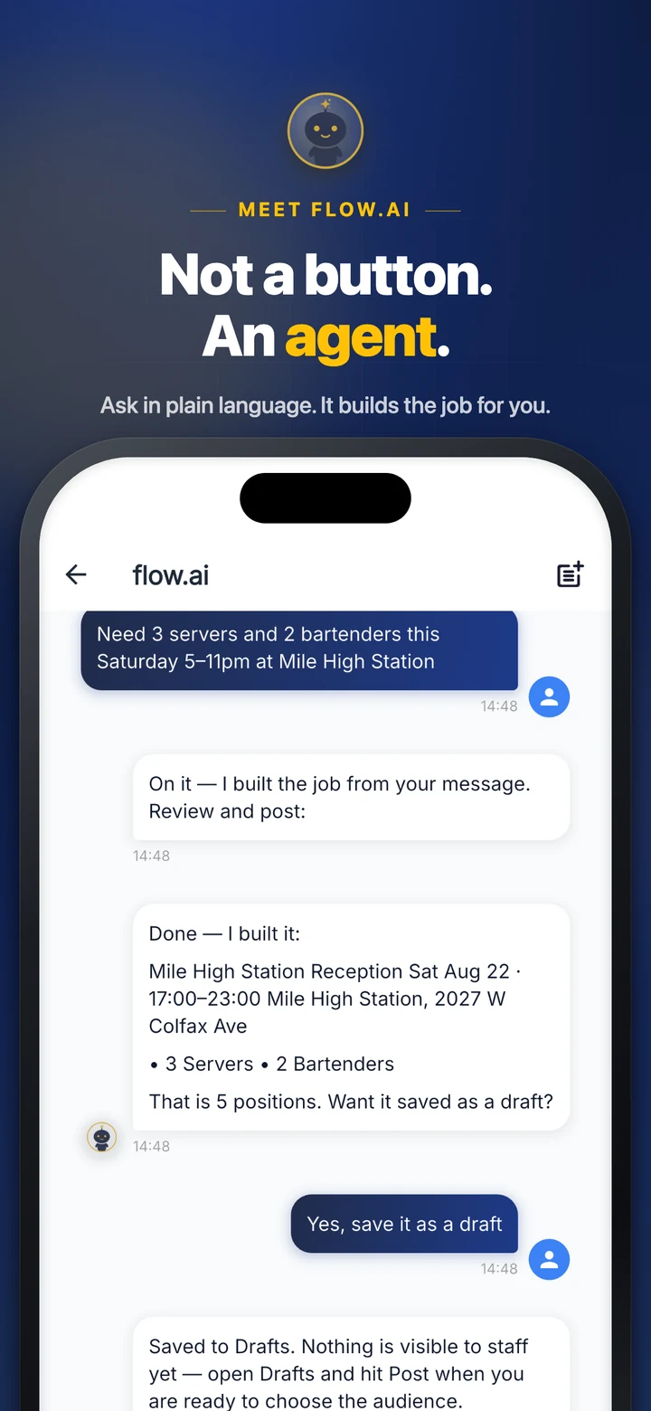 flow.ai is not a button, it's an agent — ask in plain language, it builds the job
