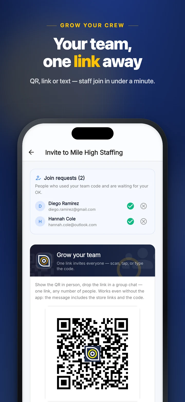 Your team, one link away — QR, link or text, staff join in under a minute
