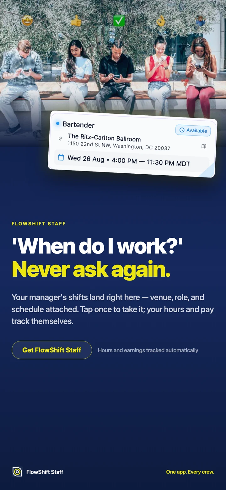 'When do I work?' Never ask again — shifts land with venue, role and schedule attached