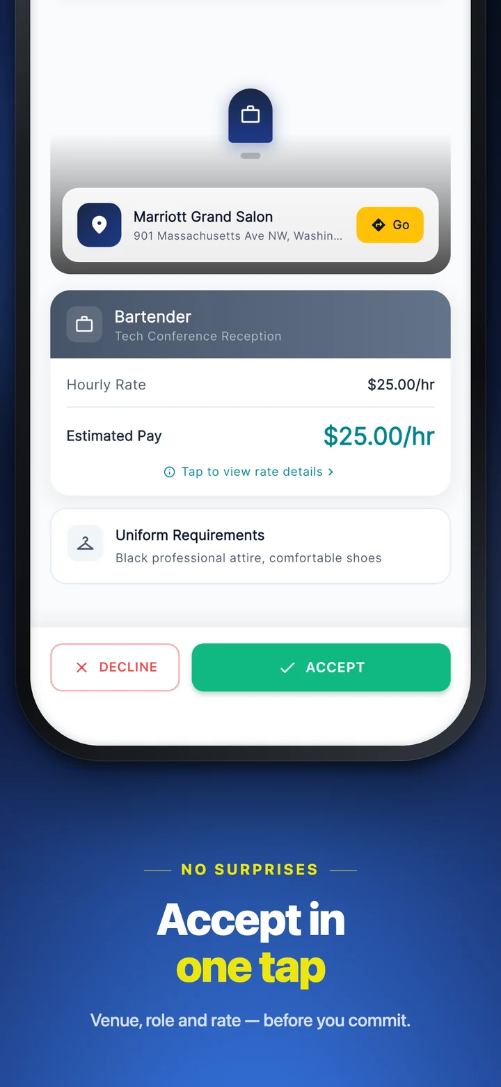 Accept in one tap — venue, role and rate before you commit