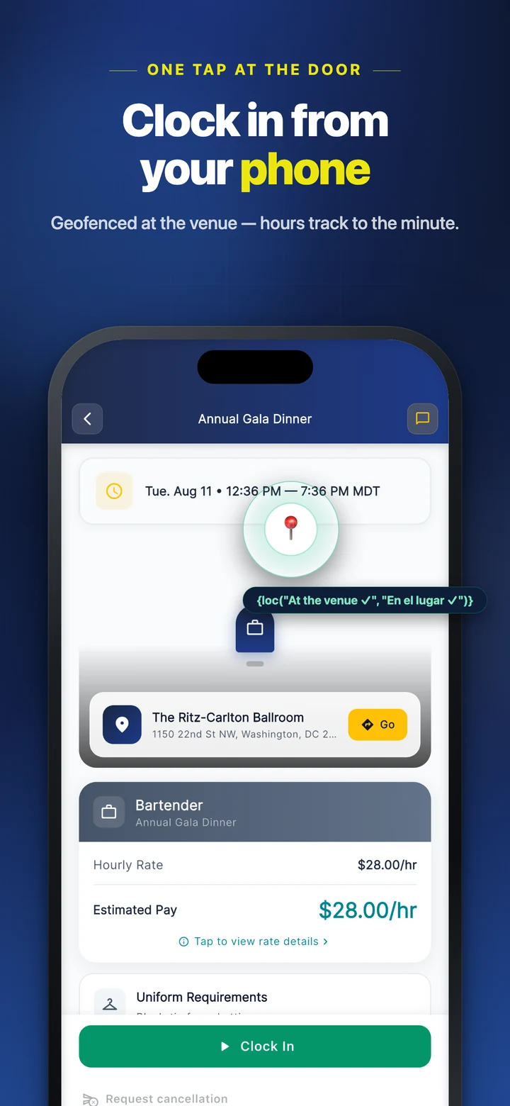 Clock in from your phone — geofenced at the venue, hours tracked to the minute