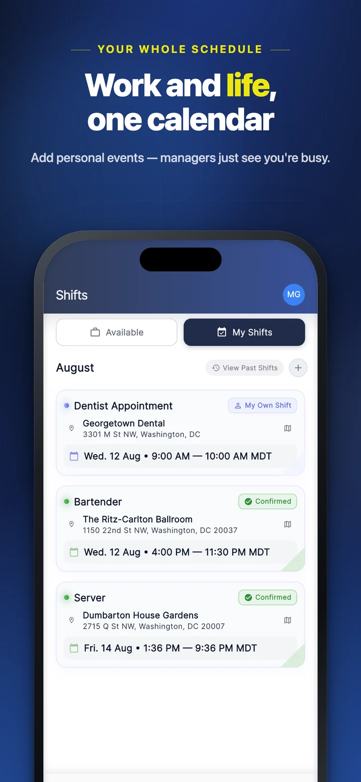 Work and life in one calendar — add personal events, managers just see you're busy