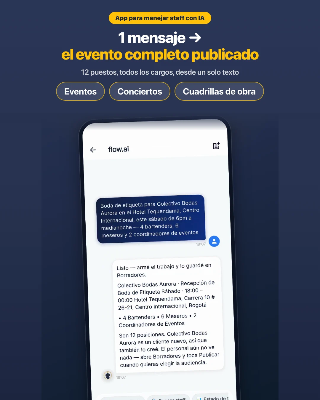 1 mensaje: el evento completo publicado, 12 puestos, todos los cargos