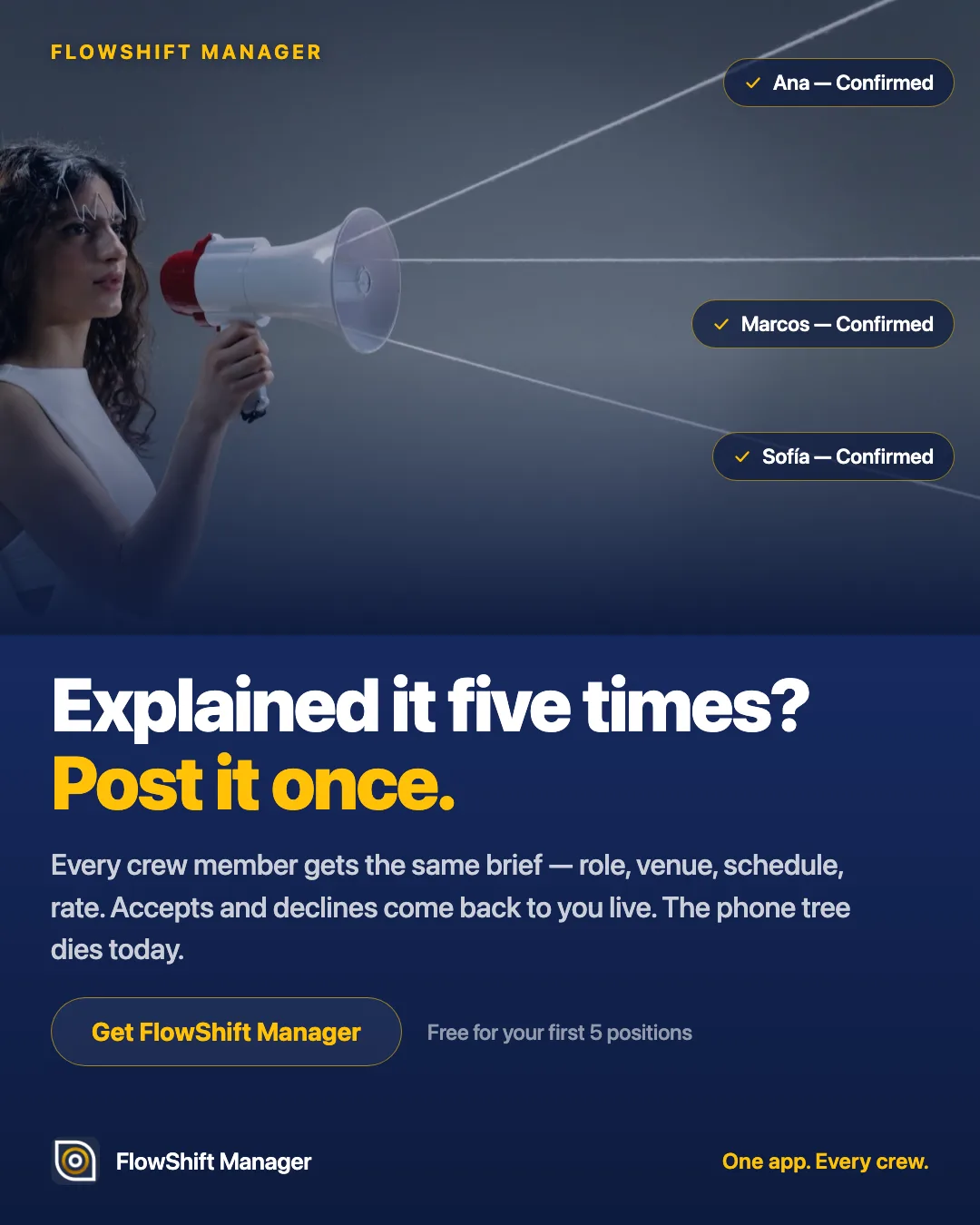 Explained it five times? Post it once — accepts and declines come back to you live