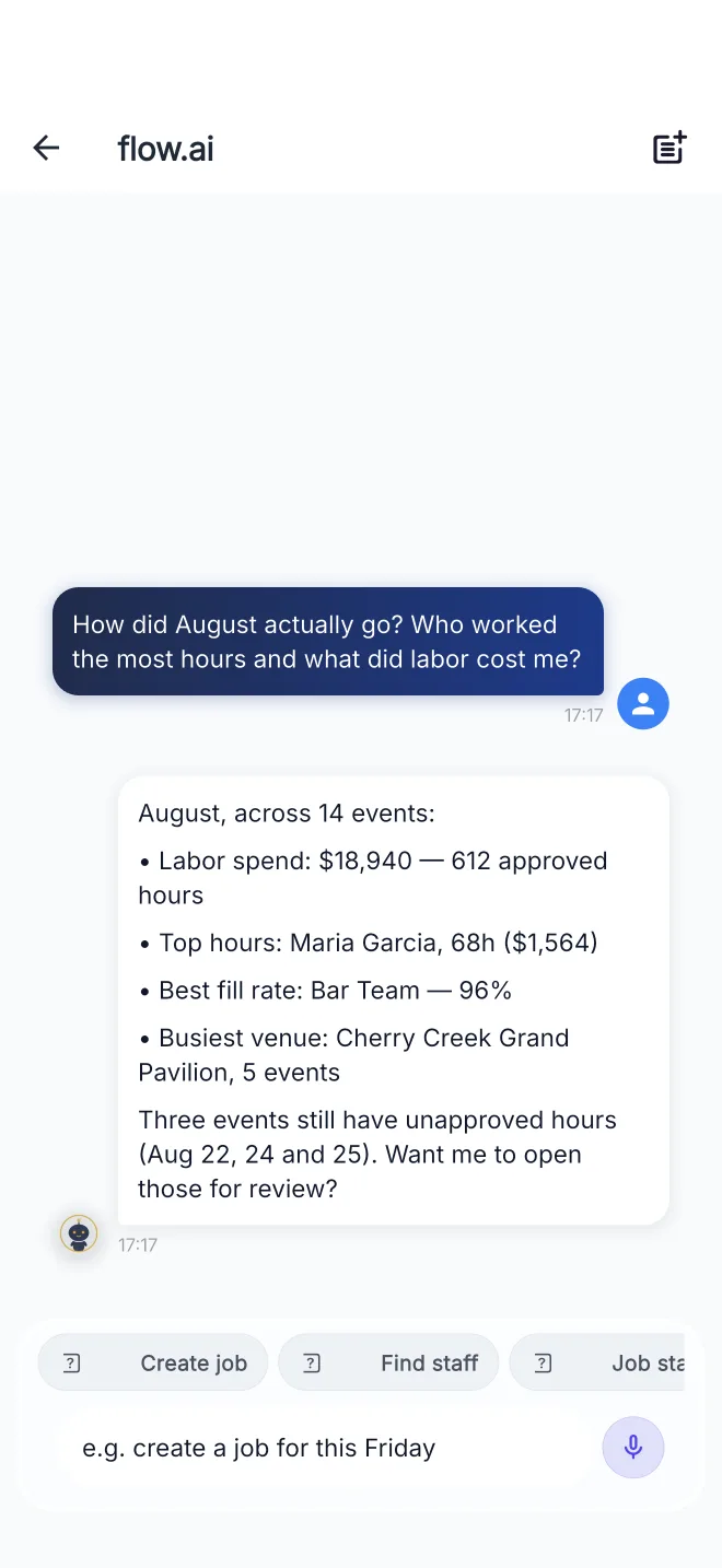 flow.ai answering a manager month-review question with labor spend, top hours and fill rate