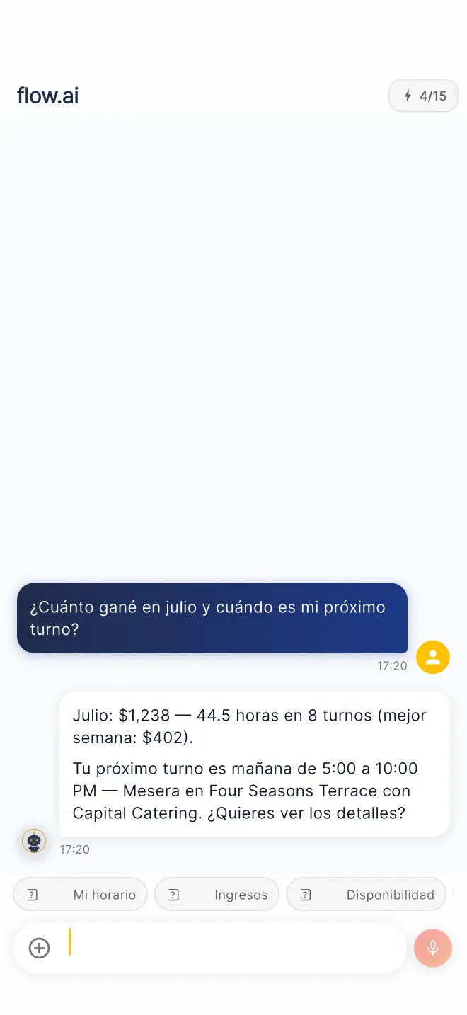 flow.ai respondiendo en español cuánto ganó en julio y cuándo es el próximo turno