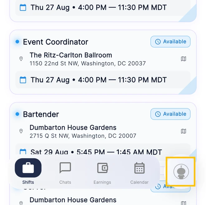 FlowShift Staff home screen with the round flow.ai button next to the bottom bar highlighted by a gold square