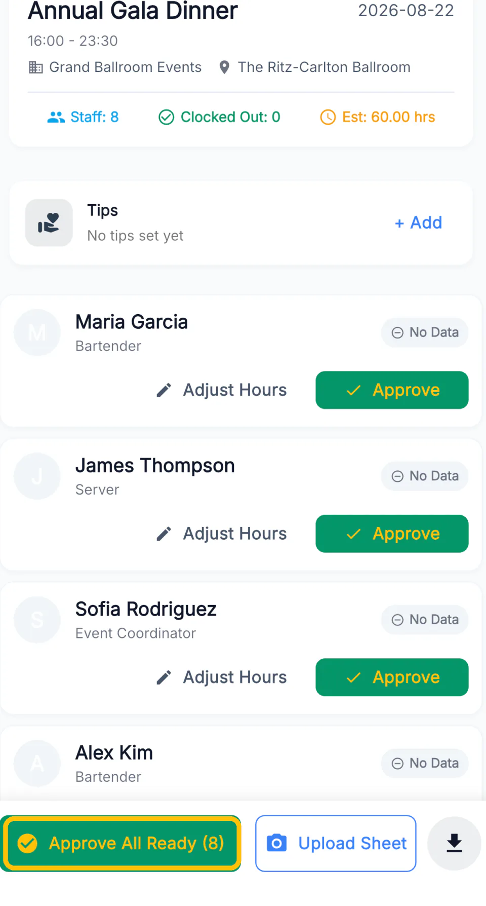 Hours approval list with an approve-all button highlighted