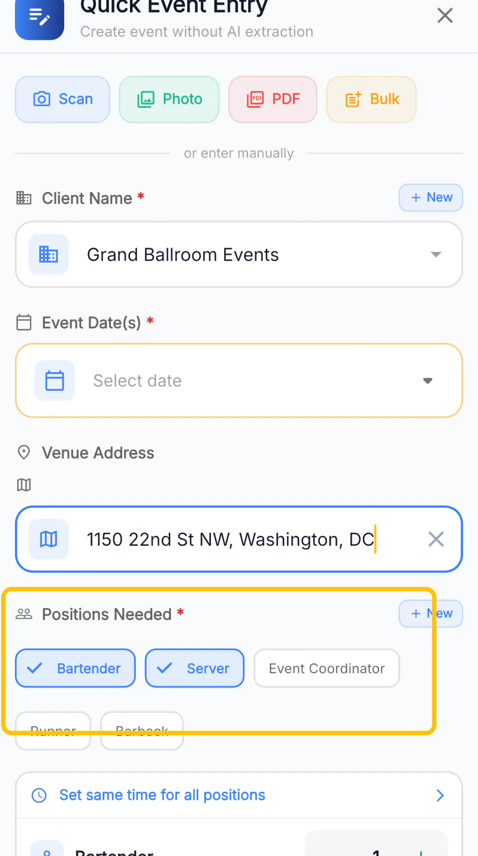 The job entry form: client, date, venue address, positions needed