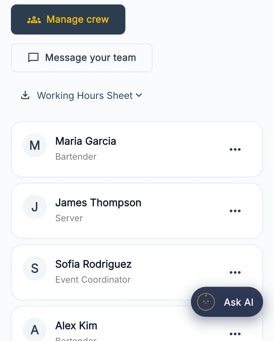 The accepted crew list with manage crew and message your team above it