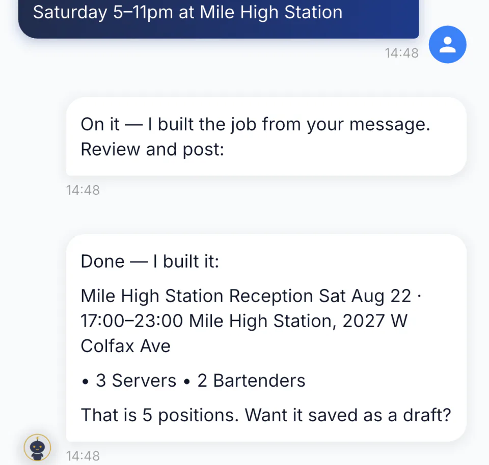 The FlowShift assistant turning a typed request into a draft job