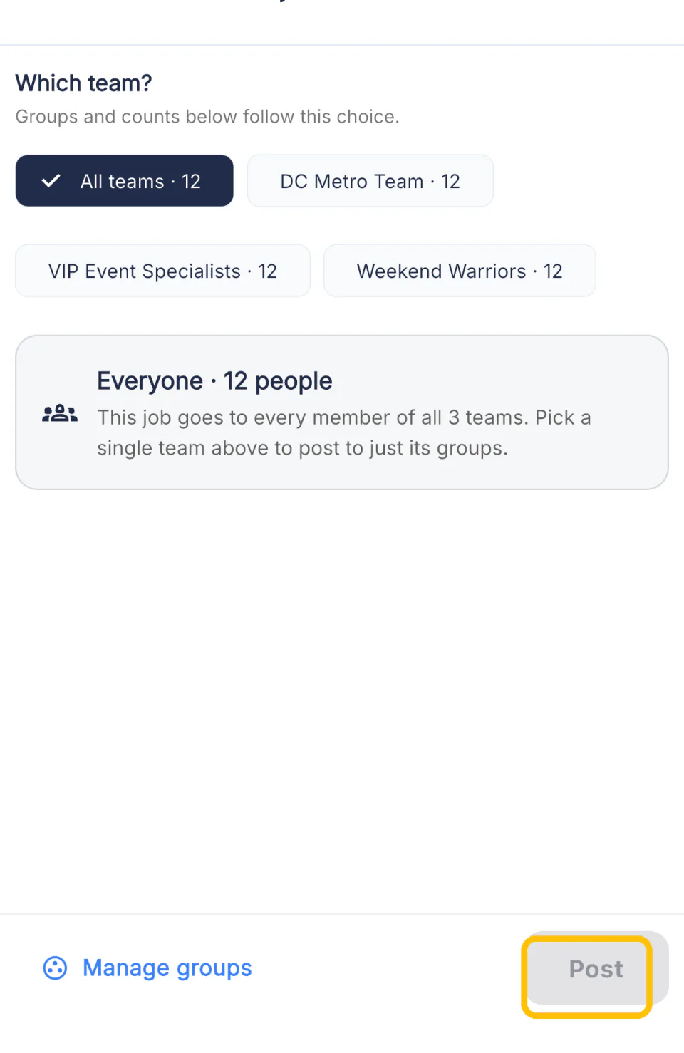 Choosing which team sees the job, with the Post button highlighted