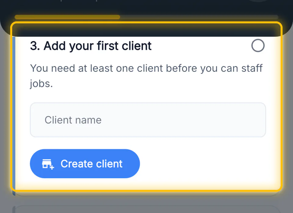 The add your first client step with a client name field and Create client