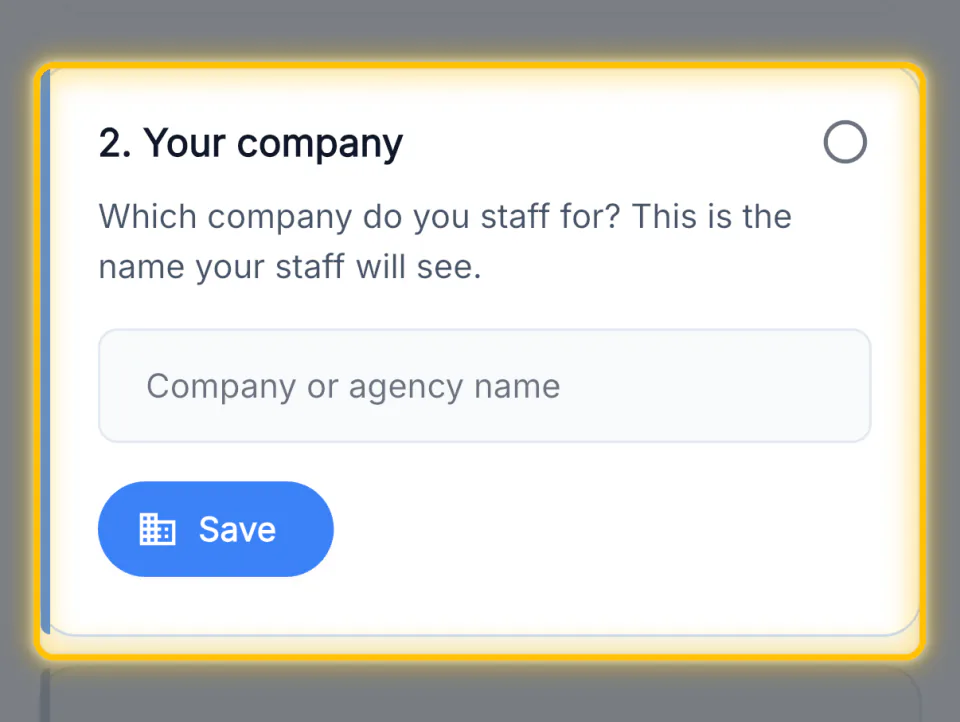 The your company step with a company or agency name field and Save