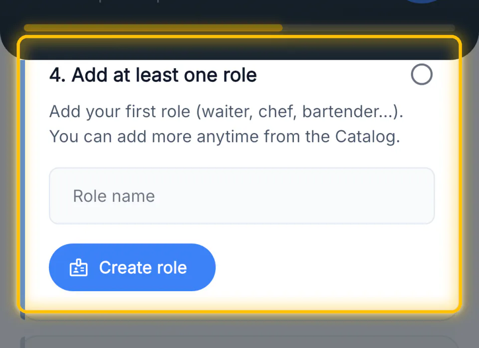 The add at least one role step with a role name field and Create role