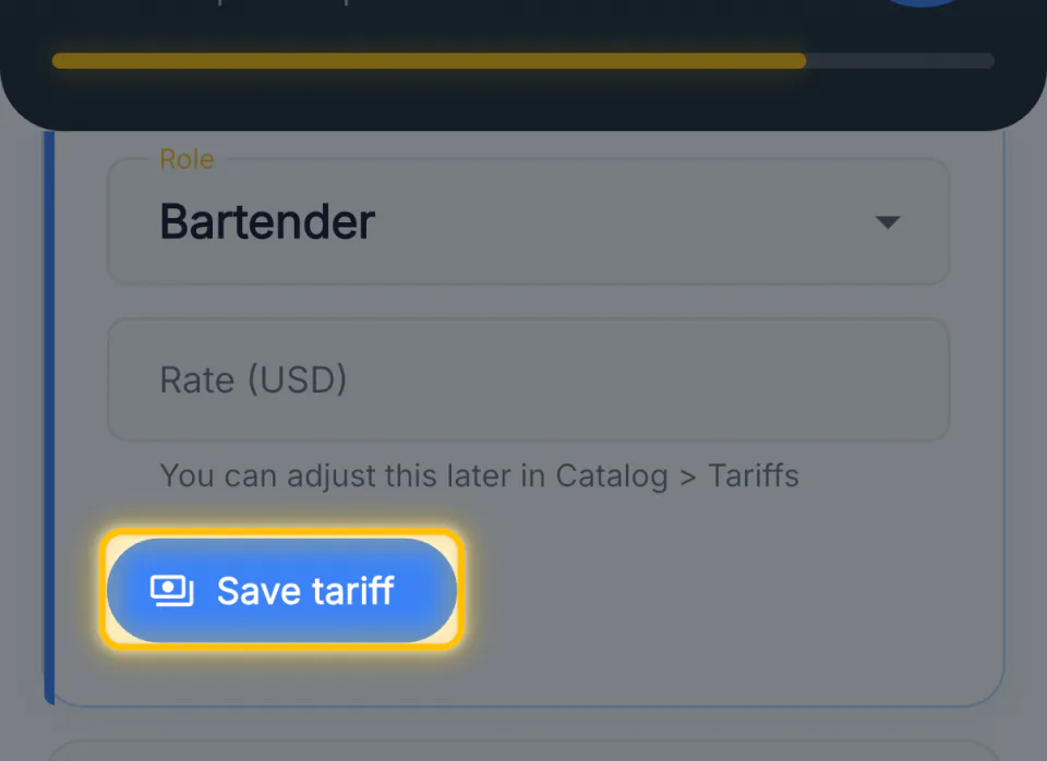 The tariff step with a role dropdown, a rate field and Save tariff