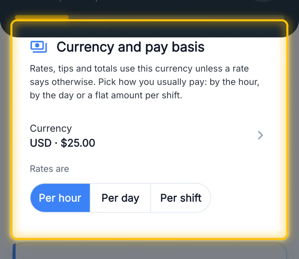 The currency and pay basis card with per hour, per day and per shift