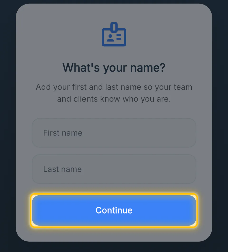 The name screen with first name, last name and Continue highlighted