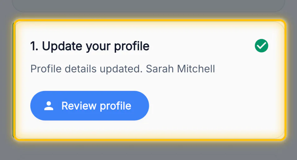 Step one complete, showing the manager name and a review profile button