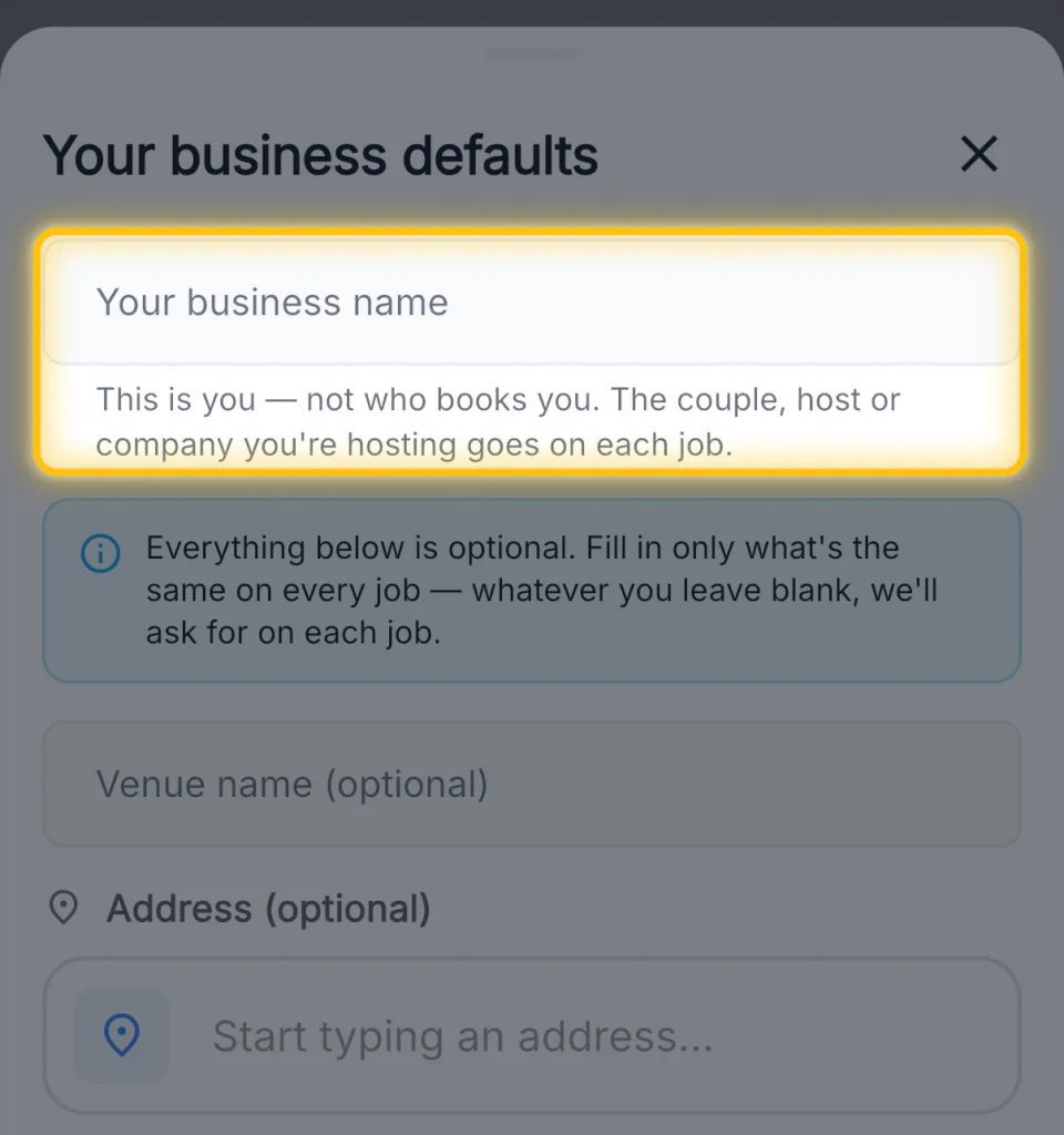 The business defaults sheet: business name, the optional rule, venue name and address