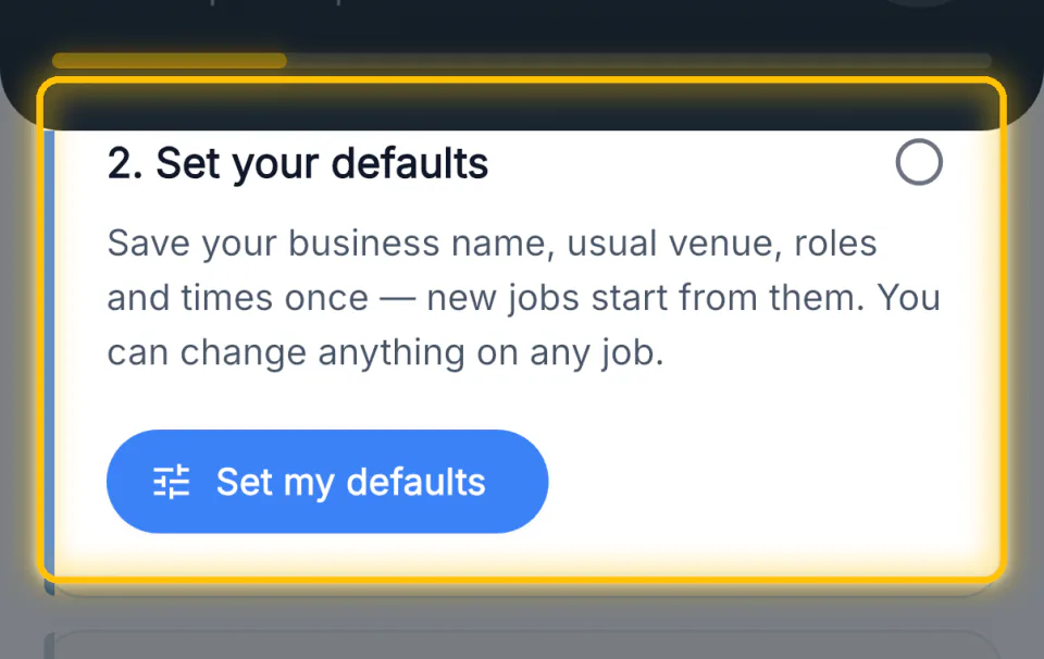 The set your defaults step with a set my defaults button