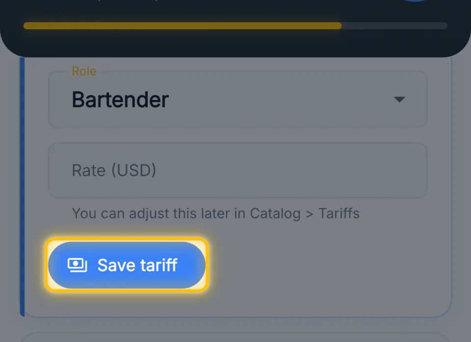 The solo path tariff step with Save tariff highlighted