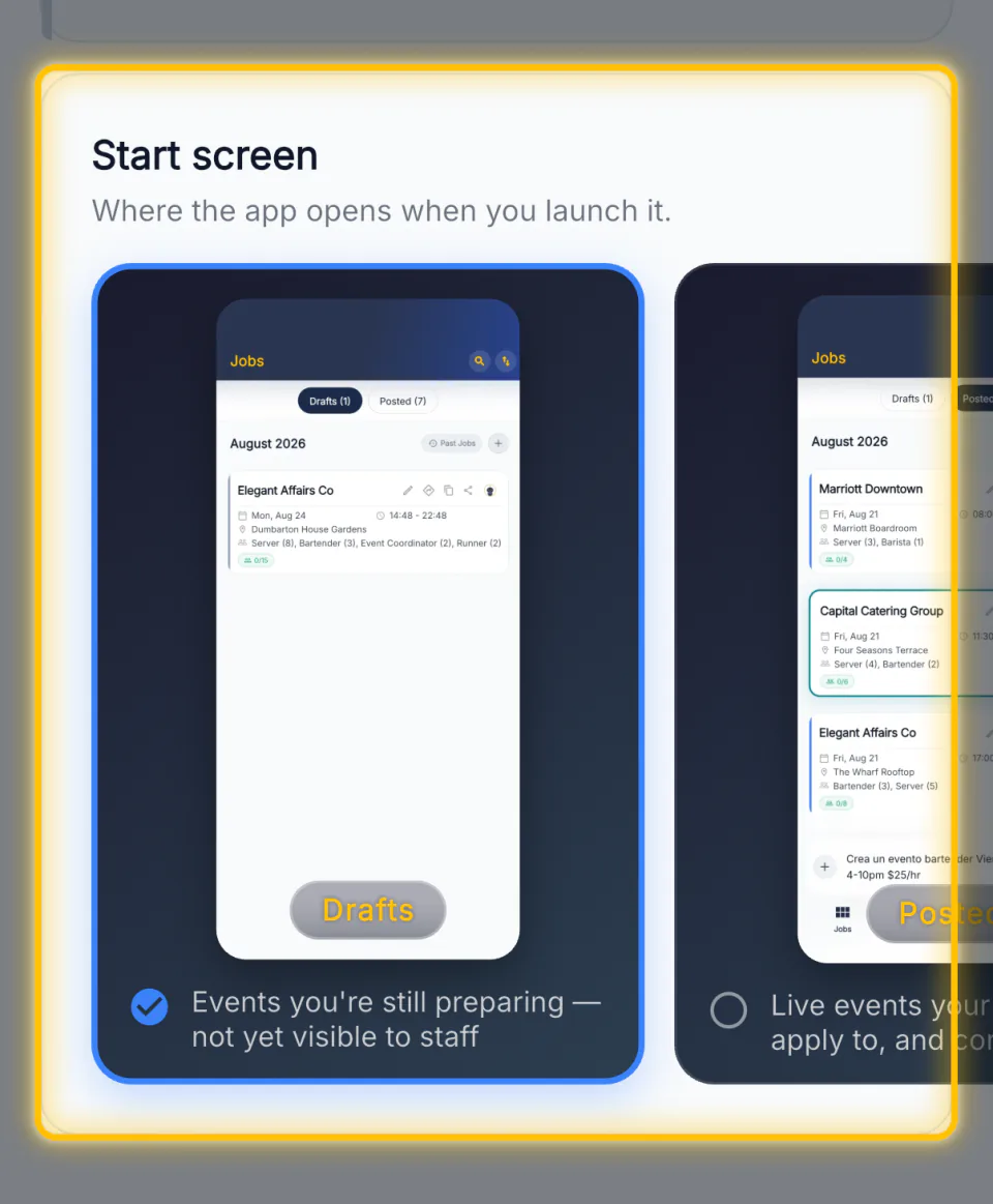 The start screen preference showing the Drafts and Posted previews