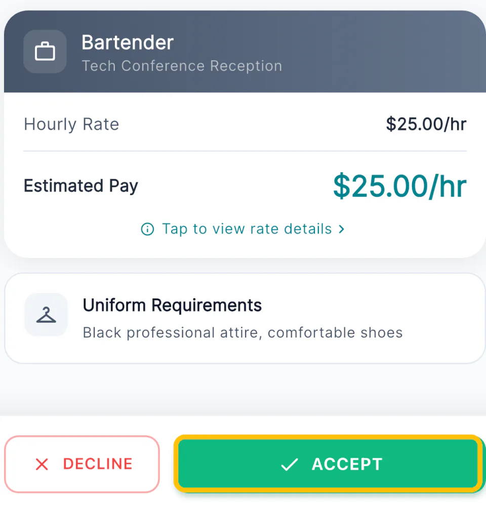 The shift detail screen showing rate, uniform and the Accept button