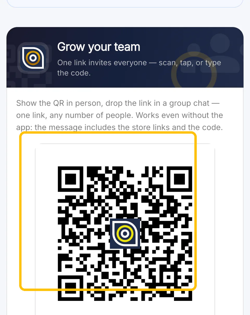 The team invite screen with a QR code and a shareable link
