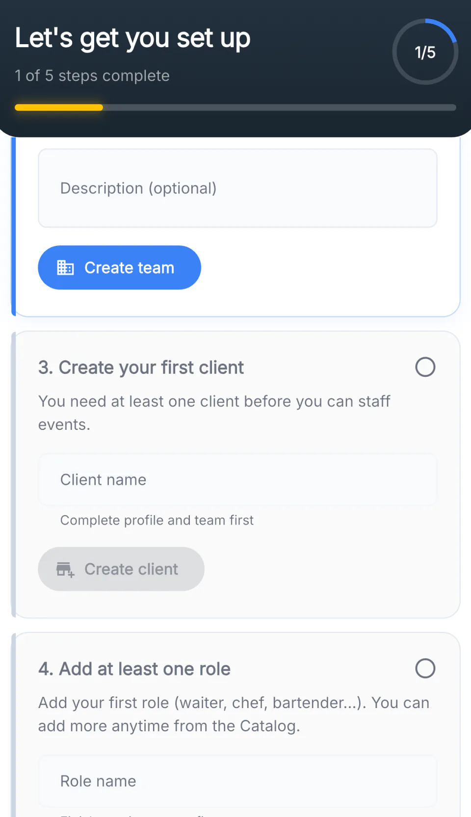 The setup checklist: create team, create first client, add at least one role