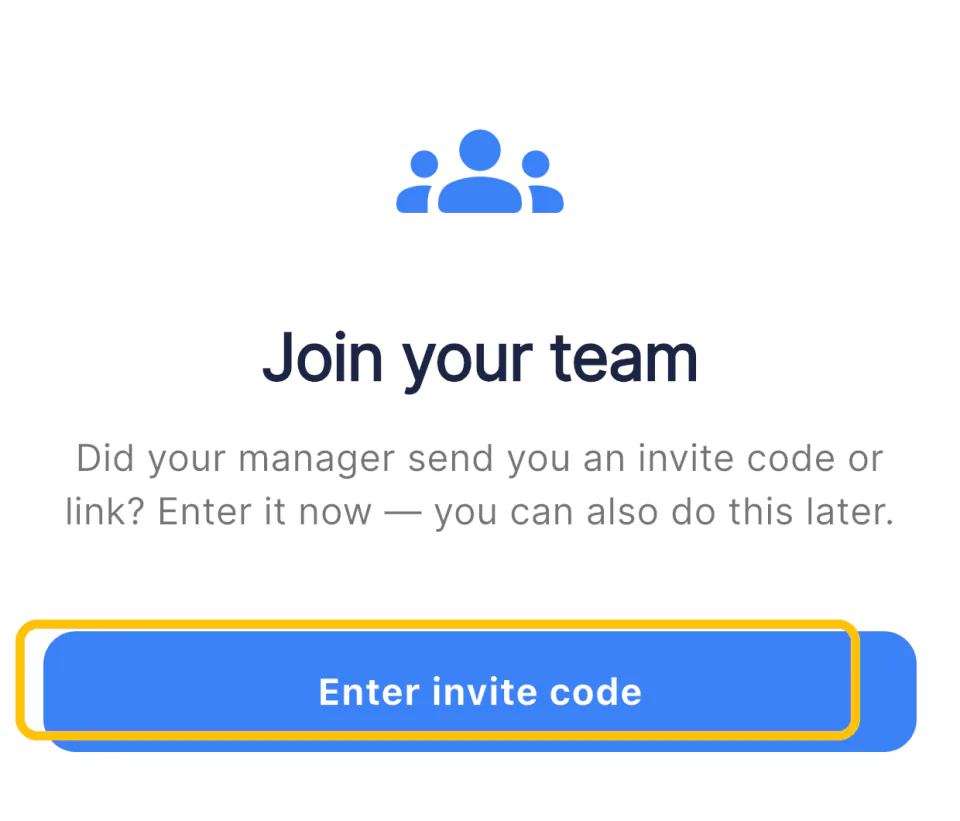 The staff app asking for an invite code to join a team