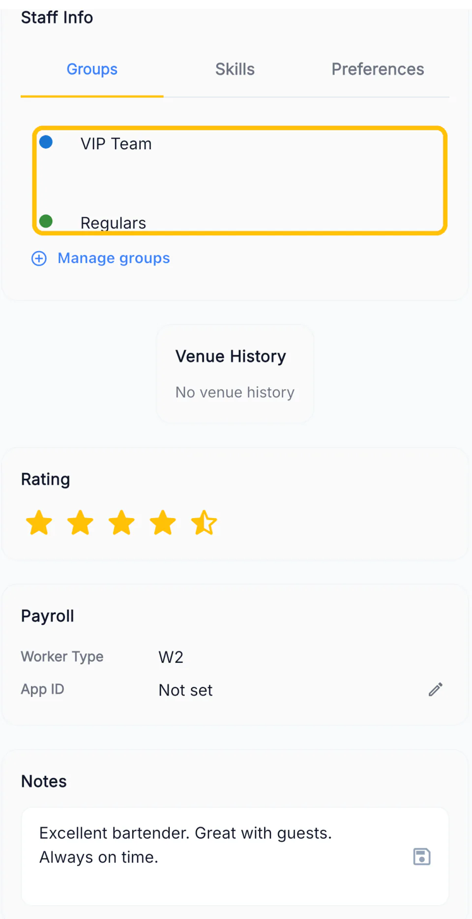 A staff member's profile showing groups, rating, payroll type and manager notes