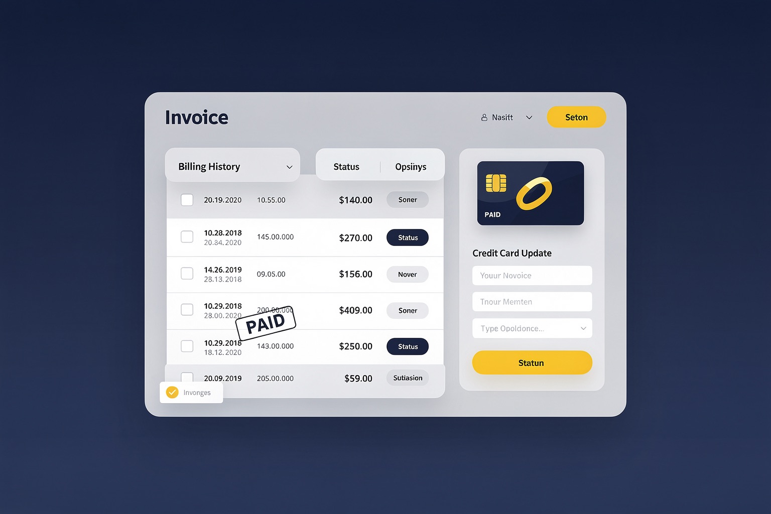 Invoice dashboard with billing history and payment management